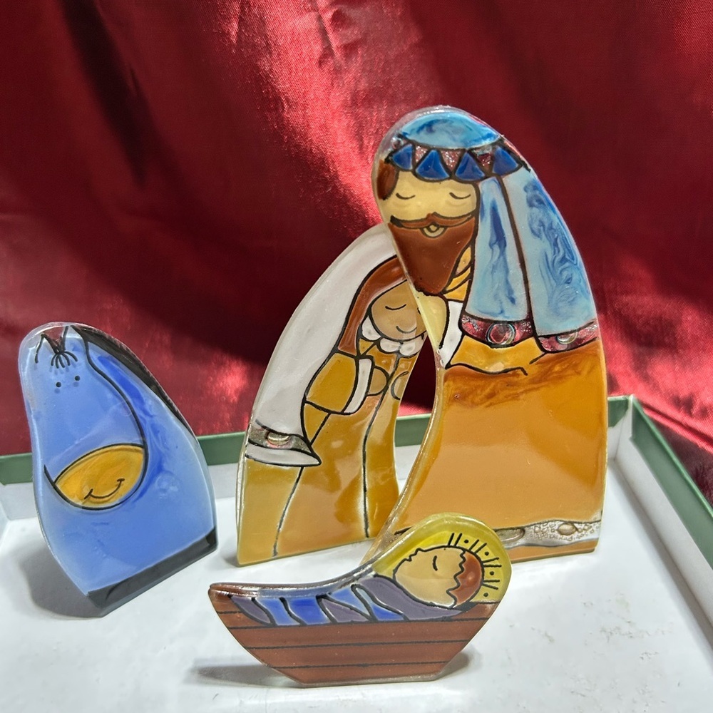 Colorful fused glass Nativity Set- Mary-Joseph- baby Jesus and donkey- like new